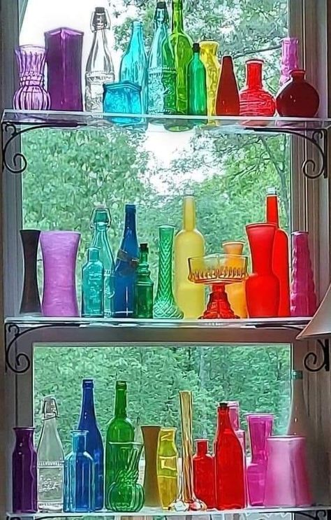 Colored Bottles Decor, Colored Glass Bottles Decor, Colored Glass Aesthetic, Diy Wall Shelving, Colorful Glass Bottles, Wall Shelving Ideas, Rainbow Glassware, Shelves In Kitchen, Glassware Display