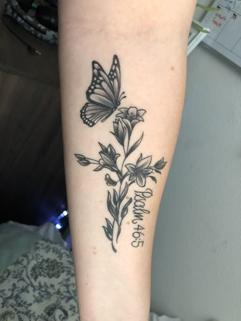 Bible Flowers Tattoo, Scriptures Tattoos For Women, Proverbs 31 25 Tattoo With Flowers, Flower Faith Tattoo, Tattoo God Is Within Her, Bible Verse With Flowers Tattoo, Cross Flower Butterfly Tattoo, Butterfly With Cross Tattoo, Matthew 10:16 Tattoo