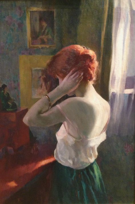 Red-Headed Woman, Ivan Olinsky, 1918. Florence Griswold Museum. Red Hair, A Woman, Mirror, Green, Red, Hair, White, Art