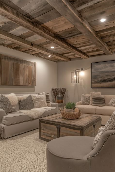 15 Unique Basement Ideas and Designs for Your Dream Space Basement Faux Beams, Basement With Paneling Ideas, Sectioning Off Basement, Basement Living Area Ideas, Basements With Carpet, Flat Ceiling Design Living Room, Entertaining Basement Ideas, Coastal Basement Ideas, Raised Ranch Basement Ideas