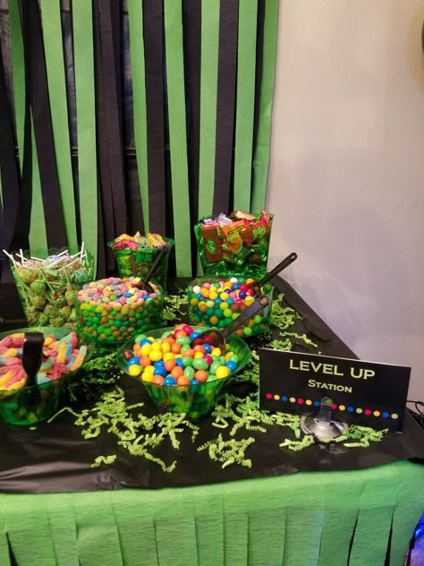 Treat Table Gaming Party Gamer Party Xbox Party Level Up Party Gaming Decorations Party, Gaming Bday Party, Level One Birthday Party, Gamer Dessert Table, Level Up Birthday Party Ideas, Gaming Party Centerpiece, Gamer Birthday Party Decorations, Gaming Party Food, Level Up Party Ideas