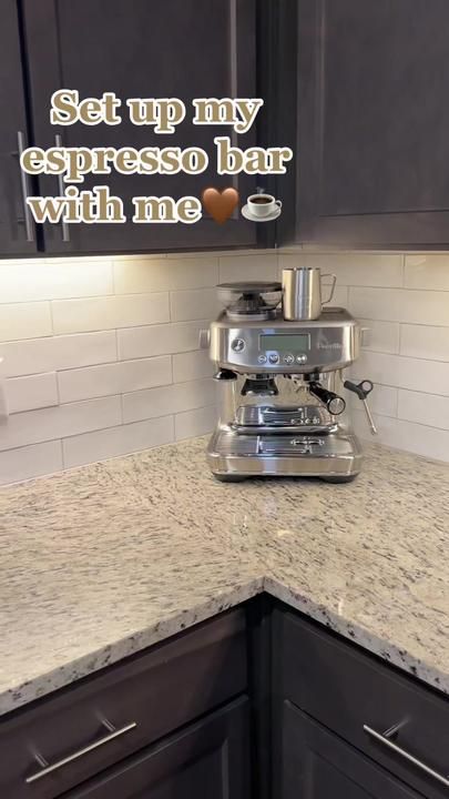 Emily on TikTok Espresso Cup Storage, Espresso Corner Coffee Stations, Espresso Machine Set Up, Espresso Bar Ideas Kitchen Counter, Espresso Station In Kitchen, Breville Espresso Machine Station, Espresso Set Up, Breville Coffee Station, Espresso Machine Station Bar Ideas