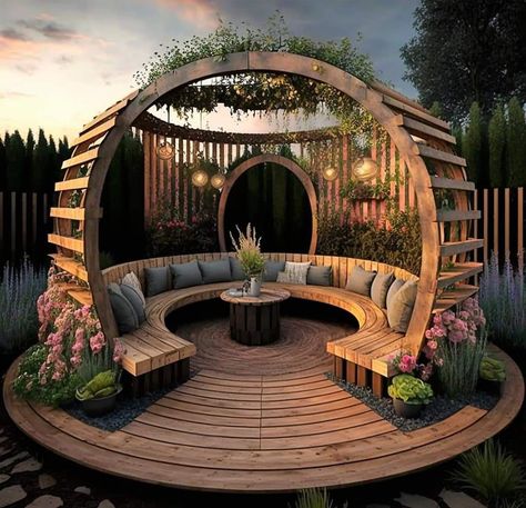 Circular Pergola Design, Circle Seating Area Garden, Round Gazebo Ideas Backyard, Round Patio Ideas, Circle Gazebo, Circular Pergola, Round Pergola, Gazebo Circular, Round Balcony