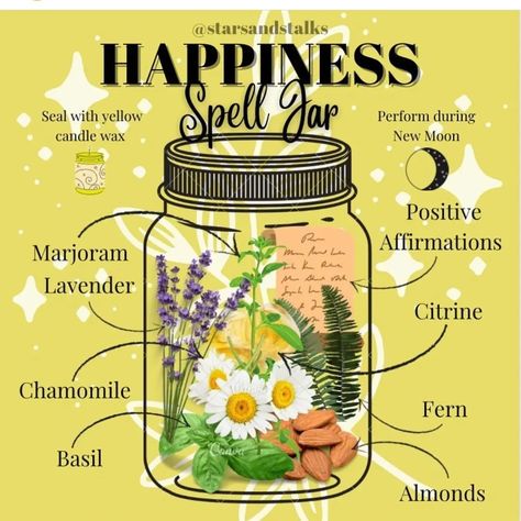 Happiness Spell Jar, Happiness Spell, Witches Jar, Wicca Recipes, Witchcraft Spells For Beginners, Happy Jar, Witch Herbs, Jar Spells, Witch Bottles