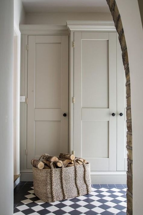 Interior Door Colors, Checkered Floor, Checkerboard Floor, European Farmhouse, Black And White Tiles, Neutral Interiors, Boot Room, Door Color, White Tiles