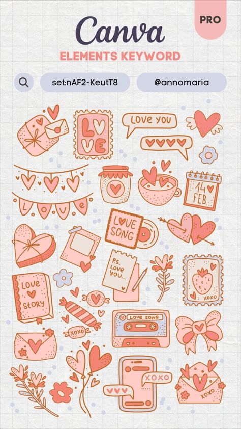 Canva Elements Keyword - Valentine’s Day Stic Valentines Day Doodle, Font Canva Lettering, Valentines Day Doodles, Canva Codes, Canva Hacks, Wedding Planner Binder, Doodle Stickers, Keyword Elements Canva, Sticker Design Inspiration