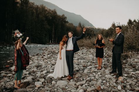 This Folksy Vedder River Elopement in Chilliwack, British Columbia was Chock-Full of Cozy Details | Junebug Weddings Backyard Pizza Party, River Elopement, Vow Exchange, Elopement Weddings, Fishing Wedding, Intimate Elopement, Commitment Ceremony, River Bank, Elopement Ceremony