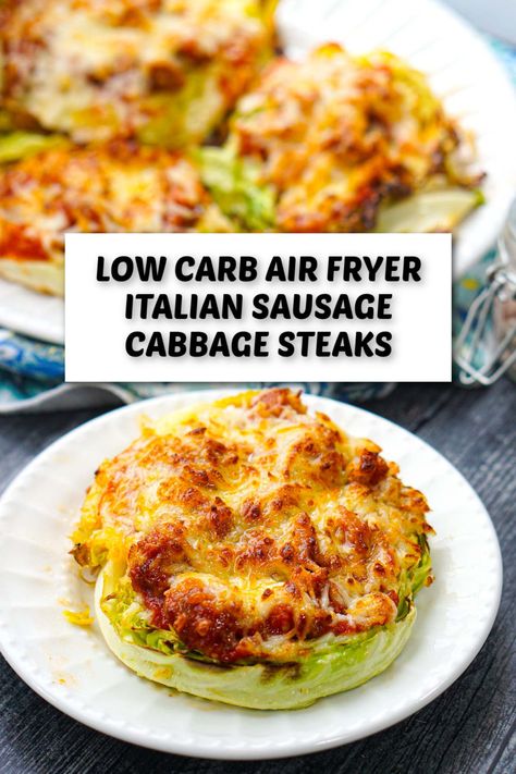 For all you veggie lovers out there you have to try these low carb air fryer cabbage steaks with tasty meat sauce and topped with melty cheese. It's like a veggie pizza or even lasagna using a big wedge of cabbage and perfectly cooked in the air fryer. For a healthy and tasty low carb dinner try these Italian flavored cabbage steaks with just 170 calories! Pizza Cabbage Steaks, Airfryer Cabbage Recipes, Cabbage Pizza Steaks, Cabbage Steaks With Chicken, Low Carb Bariatric Recipes, Low Calorie Cabbage Recipes, Cabbage Steak Recipes, Low Carb Air Fryer Recipes Dinner, Cabbage Steaks Air Fryer