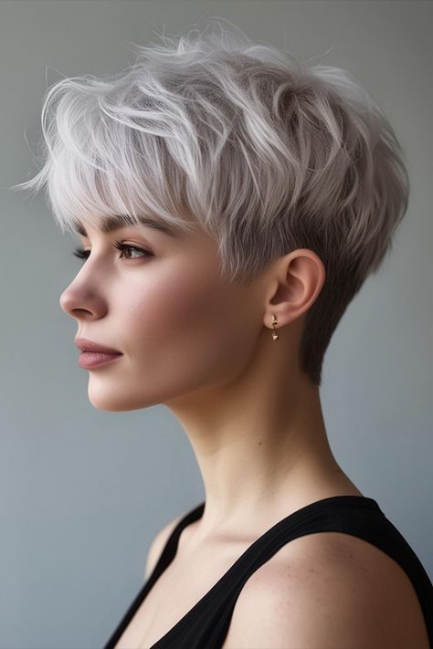 icy platinum pixie haircut, youthful short haircut, pixie haircuts Pixie Haircut White Hair, Saved Hairstyles, Short Haircut Pixie, White Pixie Cut, Platinum Pixie Cut, Haircut Pixie, Textured Pixie, Platinum Pixie, 2024 Hairstyles