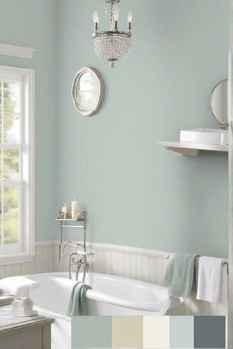 bathroom paint,interior wall paint colors,bathroom colors,painting bathroom walls Topsail Sherwin Williams Bathroom, Sw Topsail Bathroom, Blue Green Bedroom Walls, Bedroom Colour Theme, Sw Topsail, Coastal Bathroom Colors, Calming Bathroom Colors, Spa Bathroom Colors, 1940s Bathroom