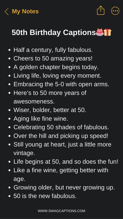 Make your 50th birthday post truly memorable with these heartfelt, funny, and inspiring caption ideas. From witty jokes about being 'fif-tree' to reflective quotes on the wisdom of midlife, this collection has the perfect 50th birthday caption to capture your personality and outlook. 50th Birthday Funny Quotes, Caption For Mom, Funny 50th Birthday Quotes, 50th Birthday Surprise, Birthday Surprise For Mom, Cute Birthday Messages, Dope Captions For Instagram, Surprise 50th Birthday Party, 50th Birthday Wishes