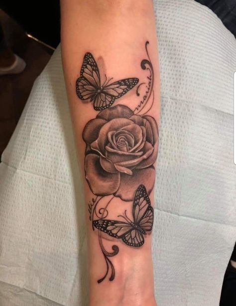 Roses And Butterfly Tattoo On Shoulder, Rose Arm Tattoos For Women Forearm, Butterfly And Rose Tattoo For Women, Forearm Tattoos For Girls, Arm Rose Tattoos For Women, Rose And Butterfly Tattoo Forearm, Rose Tattoos On Arm, Rose Arm Tattoos, Pretty Forearm Tattoos For Women