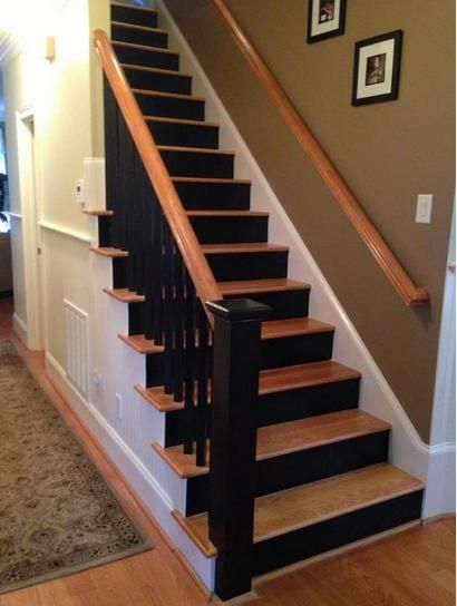 Black Treads On Stairs, 2 Tone Staircase, Black And Wood Banister, Black And Brown Stairs, Wood And Black Staircase, Black And Wood Staircase, Black Railing Stairs, Black Stairway, Staircase Redo