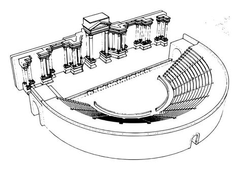 Theater Drawing, Theatre Drawing, River Drawing, Architecture Journal, Theater Stage, Brewery Design, Section Drawing, Roman Theatre, Theatre Masks