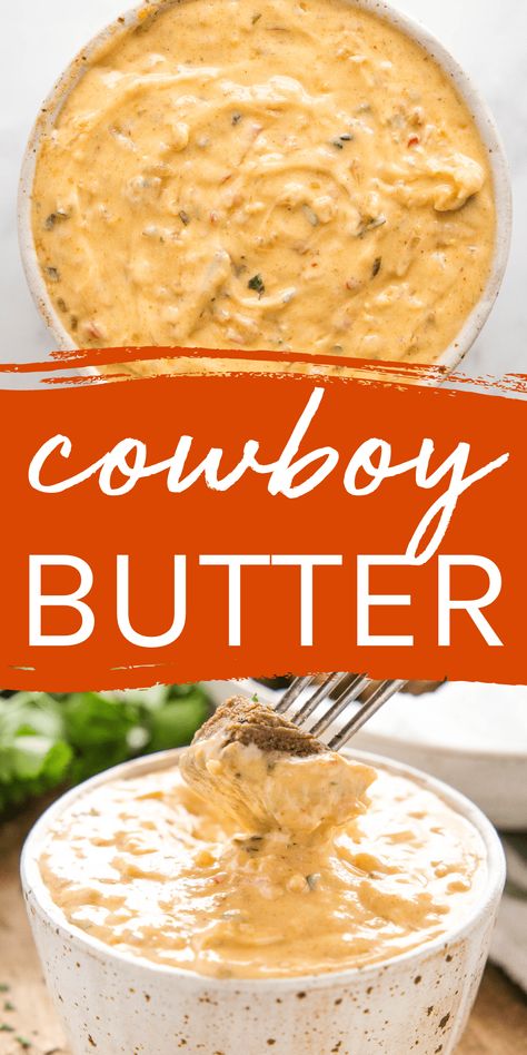 This Cowboy Butter recipe is a creamy, savoury butter sauce that's packed with herbs and spices! Serve it as a topping or dip for steak, chicken, seafood, or grilled vegetables. Recipe from thebusybaker.ca! #cowboybutter #buttersauce #homemadebutter #compoundbutter #saucerecipe #easysauce #steaksauce #steakrecipe #buttersteak #steakbutter via @busybakerblog Cowboy Butter Steak Sauce, Cowboy Sauce Recipe, Caesar Butter, Seafood Butter Sauce Recipe, Creole Butter, Cowboy Butter Recipe, Dip Sauces, Bourbon Butter, Cowboy Butter