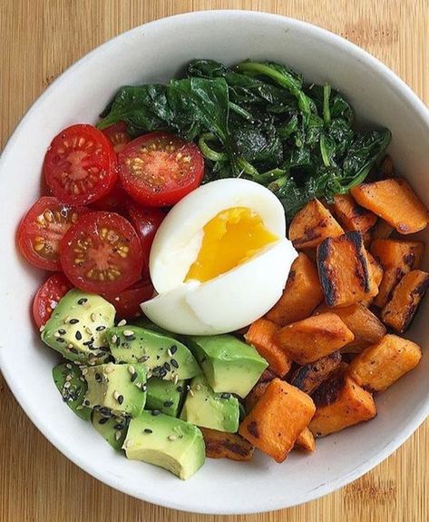 Marlena Kur on Instagram: "Good morning, hope you had a a great weekend and enjoyed all of the fun Halloween festivities! Time to have an awesome new week! . Breakfast bowl with a soft boiled egg 🥚, roasted sweet potatoes 🍠, avocado ���🥑 , sautéed spinach 🍃 and cherry tomatoes 🍅.. . 🍳🥚 For the soft boiled egg bring a pot of water to a full boil. Carefully add the egg with a slotted spoon. Boil for 7 minutes and immediately remove the egg from the boiling water straight to a bowl of ice water Sweet Potato Chunks, Steamed Spinach, Spinach Avocado, Soft Boiled Egg, Saturday Brunch, Sauteed Spinach, Soft Boiled Eggs, Clean Food, Boiled Egg