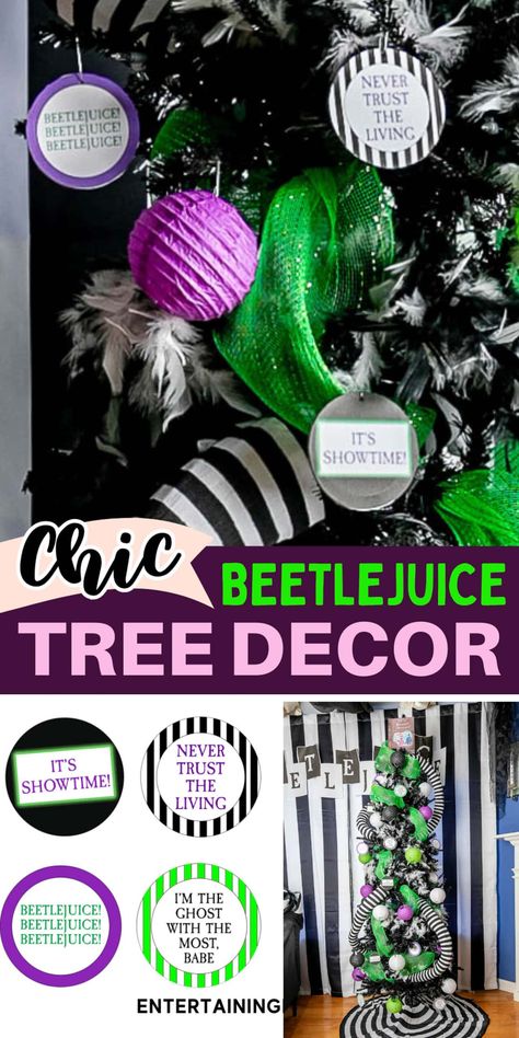 DIY Beetlejuice Tree Ornaments | Halloween Halloween Christmas Tree Diy, Beetlejuice Tree, Diy Halloween Ornaments, Diy Beetlejuice, Inexpensive Halloween Decorations, Diy Halloween Tree, Halloween Tree Decorations, Fun Diy Halloween Decorations, Easy Ornaments