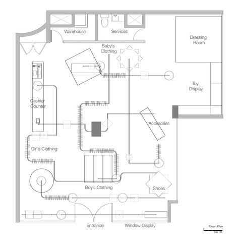 Gallery of Retail Stores Under 100 Square Meters: Examples in Plan and Section - 55 Boutique Floor Plan, Retail Business Ideas, Movable Furniture, Retail Store Layout, Store Plan, Shoe Store Design, Tropical Interior Design, Retail Store Interior Design, Retail Store Interior