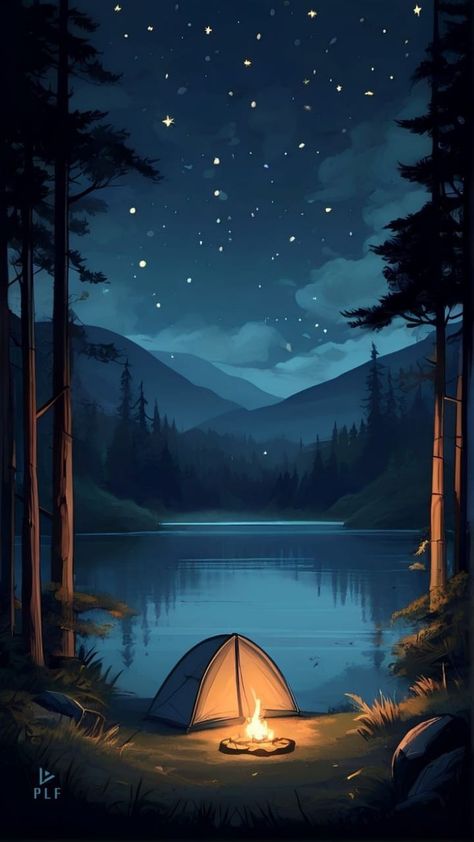 Night Landscape Illustration, Vegeta Wallpaper, Forest Cartoon, Camping Images, Camping Photo, Night Illustration, Nature Iphone Wallpaper, Artistic Wallpaper, Screen Savers Wallpapers