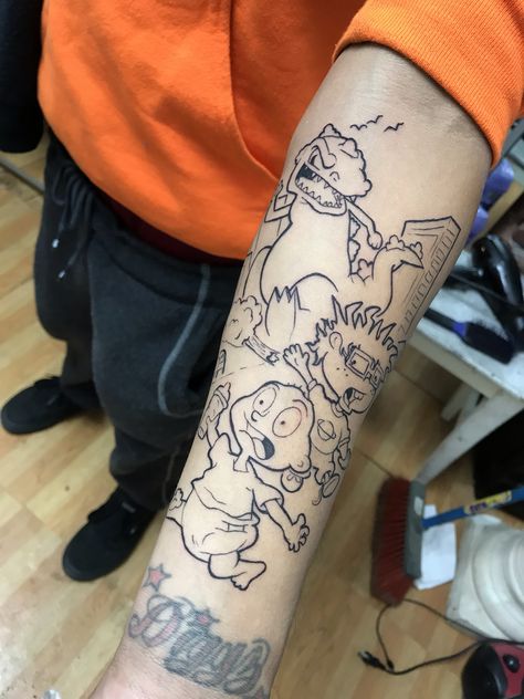 Rugrat Tattoo by rokmatic_ink Rugrats Tattoo Sleeve, 2000 Cartoon Tattoo Ideas, Rugrats Tattoo Stencil, 90s Cartoon Characters Tattoo, 90s Cartoon Tattoos Sleeve, Rugrats Tattoo Ideas, Reptar Tattoo, Cartoon Sleeve Tattoo, 90s Cartoon Tattoo Designs