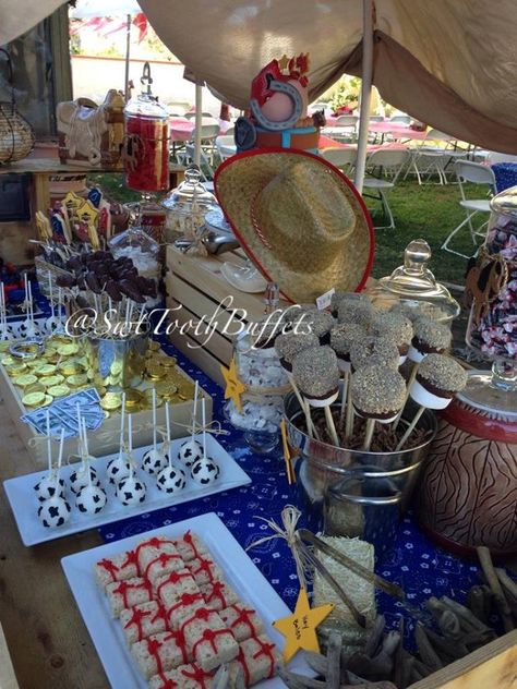 Cowboy Party Candy Buffet Desserts and Cake Birthday Party Candy Table, Cowboy Themed Birthday Party, Shower Dessert Table, Baby Shower Dessert, Cowboy Candy, Baby Shower Dessert Table, Cowboy Baby Shower, Cowboy Birthday Party, Barn Parties