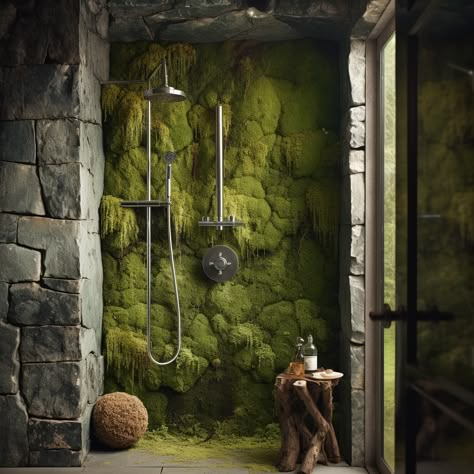 Shower Moss Wall Living Wall In Bathroom, Moss Shower Wall, Bathroom Garden Wall, Bathroom Living Wall, Wall Moss, Moss Wall Bathroom Mirror, Moss In Bathroom, Moss Wall Bathroom, Mossy Bathroom