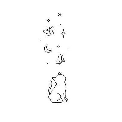 Cat Looking Up Tattoo, Cat And Stars Tattoo, 4 Cat Tattoo, Cat And Butterfly Drawing, Tattoo Ideas Cats, Minimalist Cat Tattoo, Cat And Dog Tattoo, Kitten Tattoo, Small Star Tattoos