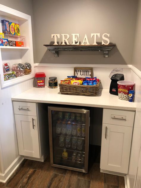 Home snack bar Home theater  Beverage station Home Snack Bar, Snack Bar Home, Home Theater Snack Bar, Basement Movie Room, Theater Room Decor, Movie Theater Rooms, Snack Station, Beverage Station, Theater Room Design