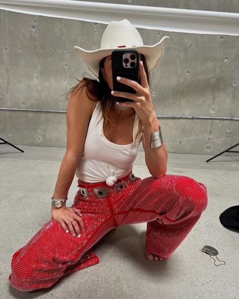 The outfit vs the OUTFIT Red Country Concert Outfit, Western Aesthetic Outfits, Red Hat Outfit, Rhinestone Pants, Red Top Outfit, Red Cowboy Hat, Sparkly Pants, White Cowboy Hat, Festival Fits