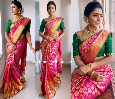 Eesha Rebba attended an event wearing a pink and gold Kanchipuram silk saree by CMR Shopping Mall paired with contrast green embroidered blouse by Vaishali. Traditional gold jewelry from Vibha Creations, nude makeup and pulled back gajra bun completed her look! Traditional Gold Jewelry, Gajra Bun, Pink Saree Blouse, Eesha Rebba, Pattu Saree Blouse Designs, Traditional Blouse Designs, Latest Model Blouse Designs, Bridal Attire, Blouse Design Images