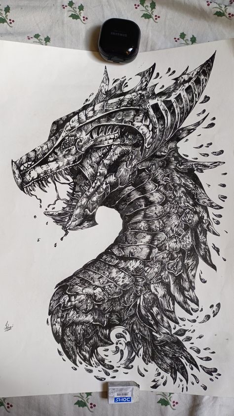 Saw the idea here, wanted to draw with gel pen. Dragon Pen Sketch, Dragon Pen Drawing, Gel Pen Drawings Ideas, Bic Pen Drawing, Gel Pen Drawings, 4h Projects, Bic Pens, Pen Art Drawings, Pen Sketch