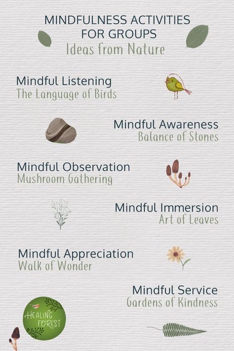 Mindfulness Activities, Exercises for Groups | 9 Nature Ideas – Healing Forest Nature Therapy Activities, Indoor Nature Activities For Kids, Ecotherapy Activities, Zen Activities, Mindfulness In Nature, Mindfulness Activities For Adults Groups, Outdoor Mindfulness Activities, Forest Gross Motor Activities, Forest School Lesson Plans