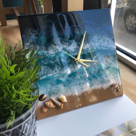 Resin Clock Square, Abstract Art Beige, Seni Resin, Clock Resin, Square Clock, Resin Square, Beach Mural, Resin Clock, Square Clocks