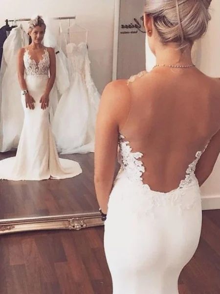 Sheath/Column,Trumpet/Mermaid,Sleeveless Wedding Dresses - Hebeos Prom Dress White, How To Dress For A Wedding, Sweep Train Wedding Dress, Long Wedding Dress, Beach Wedding Gown, Summer Beach Wedding, Trumpet Wedding Dress, Lace Beach Wedding Dress, Beach Bride