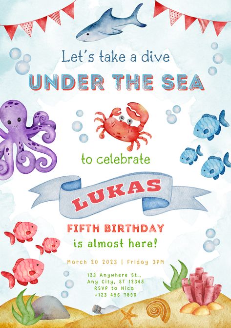 #Blue #Red #Watercolor #Under #Sea #Birthday #Party #Invitation #Poster #boy Under The Sea Invites, Sea Invitation, Ocean Birthday Party, Ocean Birthday, Sea Birthday Party, 2nd Birthday Invitations, Sea Birthday, Under The Sea Party, 1st Birthday Invitations