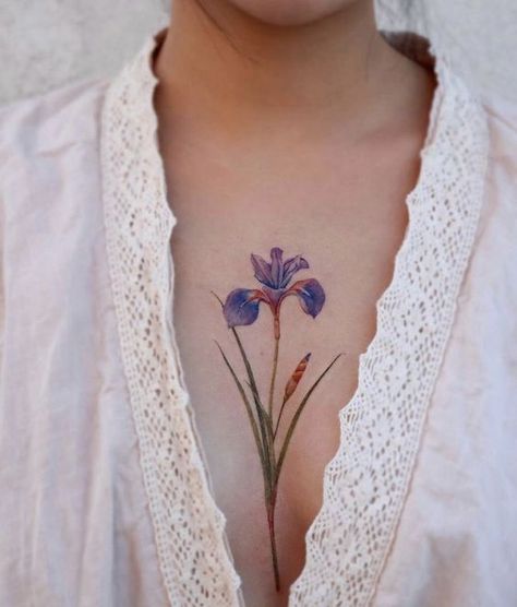 Iris Flower Tattoo, Botanical Tattoo Design, Korean Tattoo Artist, Iris Tattoo, Vine Tattoo, Beautiful Flower Tattoos, Chest Tattoos For Women, Botanical Tattoo, Discreet Tattoos