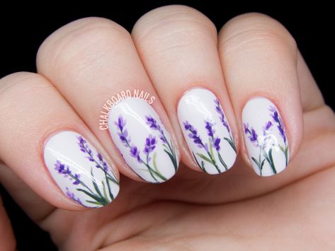 Geisha Nails, Nail Art Lavender, Nail Art Motif, Spring Flower Nail Art, Nail Art Fleur, Nails Lavender, Nail Art Mariage, Simple Wedding Nails, Chalkboard Nails