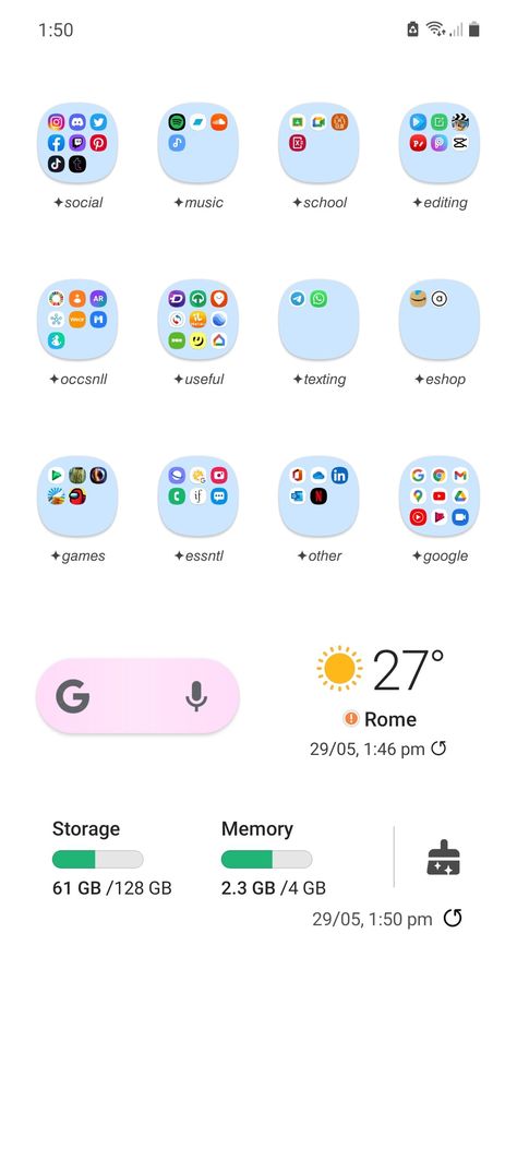 reorganized my phone turning off the all-apps screen, removing every slide from the home and reorganising in folders on pastel colors to make it way more minimalist. hope this will give you some inspiration for you too 💫 Homescreen Organization, Minimalist Phone, My Phone, Pastel Colors, Make It, Turning, Pastel, Screen, Turn Ons