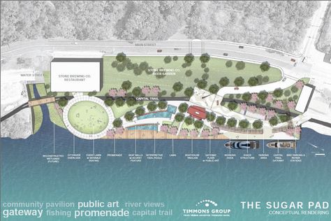 City planning riverfront park at Sugar Pad Concrete Warehouse, Masterplan Architecture, Landscape Architecture Diagram, Pavement Design, Hotel Landscape, Landscape Architecture Plan, Riverfront Park, Floating Architecture, Stone Brewing