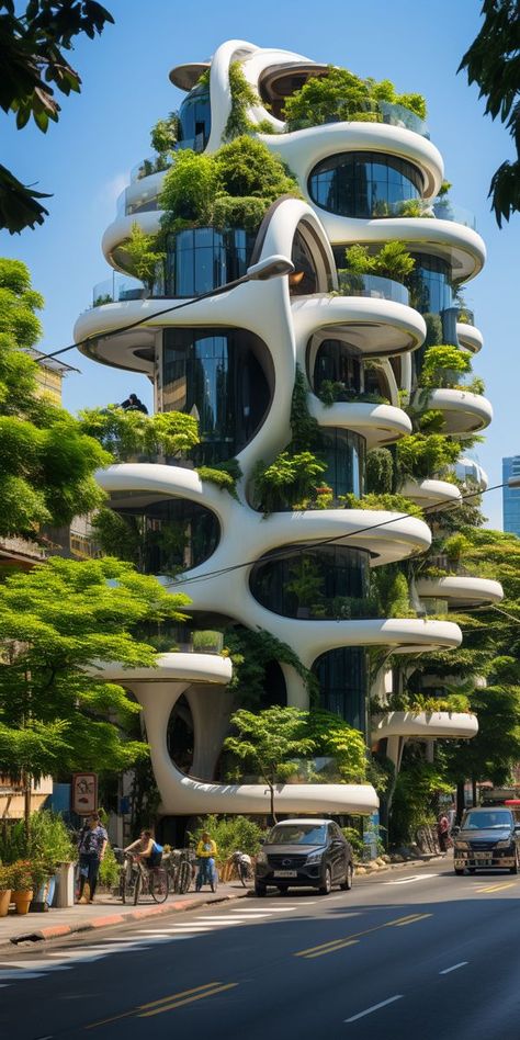 Unique Buildings Architecture Modern, Eco Buildings Architecture, Future Houses 2050, Future Architecture Concept, Eco City Design, Ecofuturism Aesthetic, Eco Building Architecture, Future Building Concept, Cool Buildings Architecture