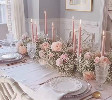 Soft Pink Bridal Shower Ideas, Soft Pink Party Decor, Light Pink Table Decor, Tea Party Wedding Food, Winter Wonderland Buffet Table, Diy Sweets Table, Pink Flower Table Decor, 2024 Wedding Table Decor, Coquette Backdrop Party