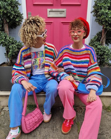 Can someone tell me why it's sweater weather in July?? 🌈 As much as we love our knitwear, I want to bask in the sunshine aha 🌞 #dopaminedressing #knitwear #sweaterweather #rainbowaesthetic #rainbow #colorfulwardrobe #matchingoutfits #londonstreetstyle #slowfashion Colorful Sweaters Outfit, Rainbow Sweater Outfit, Colourful Fashion, Colorful Wardrobe, Tell Me Why, Dopamine Dressing, Multicolor Sweater, Rainbow Sweater, London Street Style