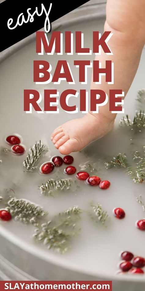 Easy DIY milk bath recipe for babies or adults #slayathomemother #milkbath #selfcare #babycare #infantcare #newborns #breastmilk Breastmilk Bath Photography, Breast Milk Bath For Baby, Winter Milk Bath Photography, Breastmilk Bath For Baby, Milkbath Photography Baby, Winter Milk Bath, Milk Bath Recipe Diy, Cookie Milk Bath, Christmas Milk Bath Baby