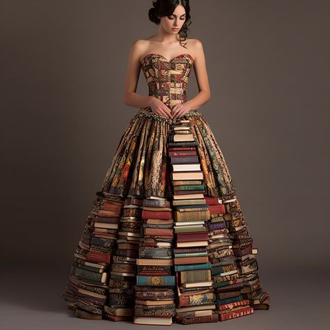 Model wearing a sophisticated Vintage Hardcover Gown made from vintage book covers Gala Looks, Book Dress, Gown Fashion, Dress Book, Bookshelf Design, Hardcover Books, Unique Dress, Press Tour, Concept Board