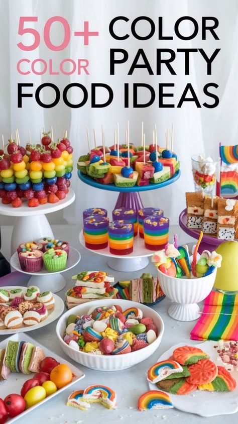 Looking to add some color to your next party? Check out these vibrant and delicious color-themed food ideas perfect for birthdays, weddings, or any festive occasion! From rainbow fruit salads to colorful cupcakes, these ideas will wow your guests and make your party unforgettable. #PartyFoodIdeas #ColorParty #ColorfulEats #RainbowFoods #FoodInspiration Colorful Party Snacks, Colorful Party Food Ideas, Rainbow Dinner Party, Orange Color Party Food Ideas, Color Food Party Ideas, Color Snack Party, Colorful Food Ideas, Color Food Party Ideas For Adults, White Foods For Color Party