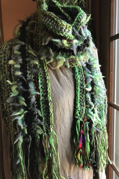 Crocheted Scarf Green with Black Accent Art Yarns | Etsy Accent Art, Crocheted Scarf, Rope Decor, Best Wraps, Crochet Clothing And Accessories, Funky Outfits, Wool Projects, Freeform Crochet, Blue Art