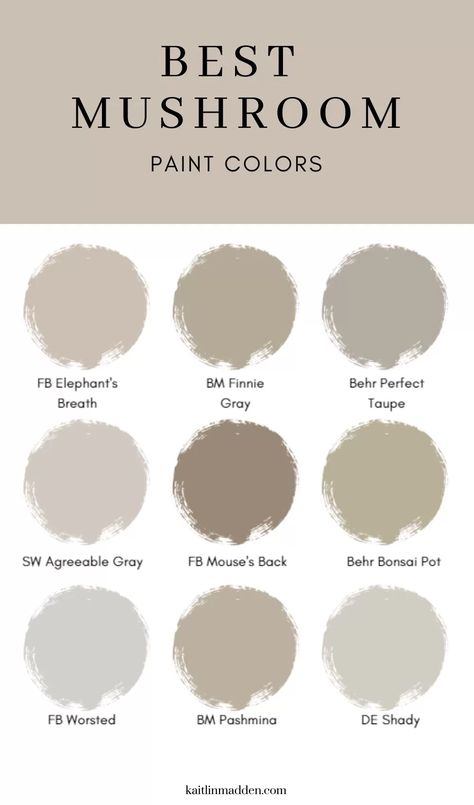 11 Mushroom Paint Colors I Love [PHOTOS] - Kaitlin Madden Mushroom Beige Paint Color, Taupe Colored Paint, Kitchen Mushroom Color, Mushroom Brown Wall Color, Mushroom Colour Walls, Living Room Paint Color Ideas Beige, Mushroom Wall Paint Color, Mushroom Paint Color Living Room, Mushroom Lounge Colour