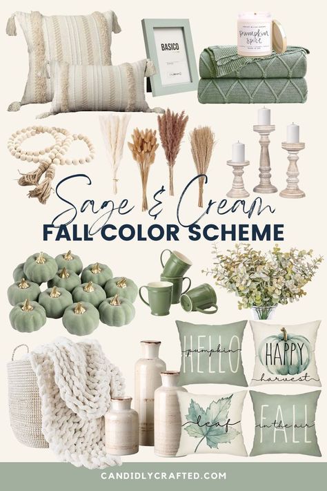 Mood board showing fall home decor in a sage and cream fall color scheme. Items include cream pillow covers, sage picture frame, pumpkin spice candle, sage blankets, cream wood beads, dried pampas, cream candle holders, sage mini pumpkins, green mugs, greenish brown eucalyptus, cream knit blanket, cream vases, sage and cream pillow covers. Color Schemes For The Bedroom, Green Fall Home Decor, No Orange Fall Decor, Fall Color Bedroom, Sage Green Fall Color Palette, Olive Green Fall Home Decor, Fall Living Room Color Scheme, Fall Decor Color Schemes, Green And Cream Fall Decor