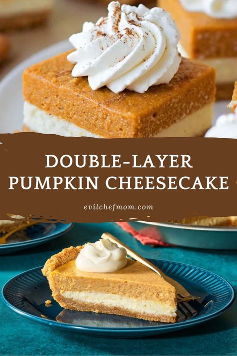 Double-Layer Pumpkin Cheesecake - Evil Chef Mom Double Pumpkin Cheesecake, Double Layer Pumpkin Cheesecake, Pumpkin Cheesecake Filling, Traditional Cheesecake, Cheesecake Base, Layered Pumpkin Cheesecake, Plain Cheesecake, Pumpkin Cheesecake Recipes, Food Substitutions