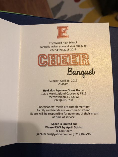 Cheer Banquet Invite 2019 High School Cheer Banquet Ideas, Cheer Banquet Award Ideas, Dance Banquet Ideas, Dance Team Banquet, Cheerleading Banquet Ideas, Cheer Banquet Ideas, Cheerleading Banquet, Banquet Invitations, Banquet Program